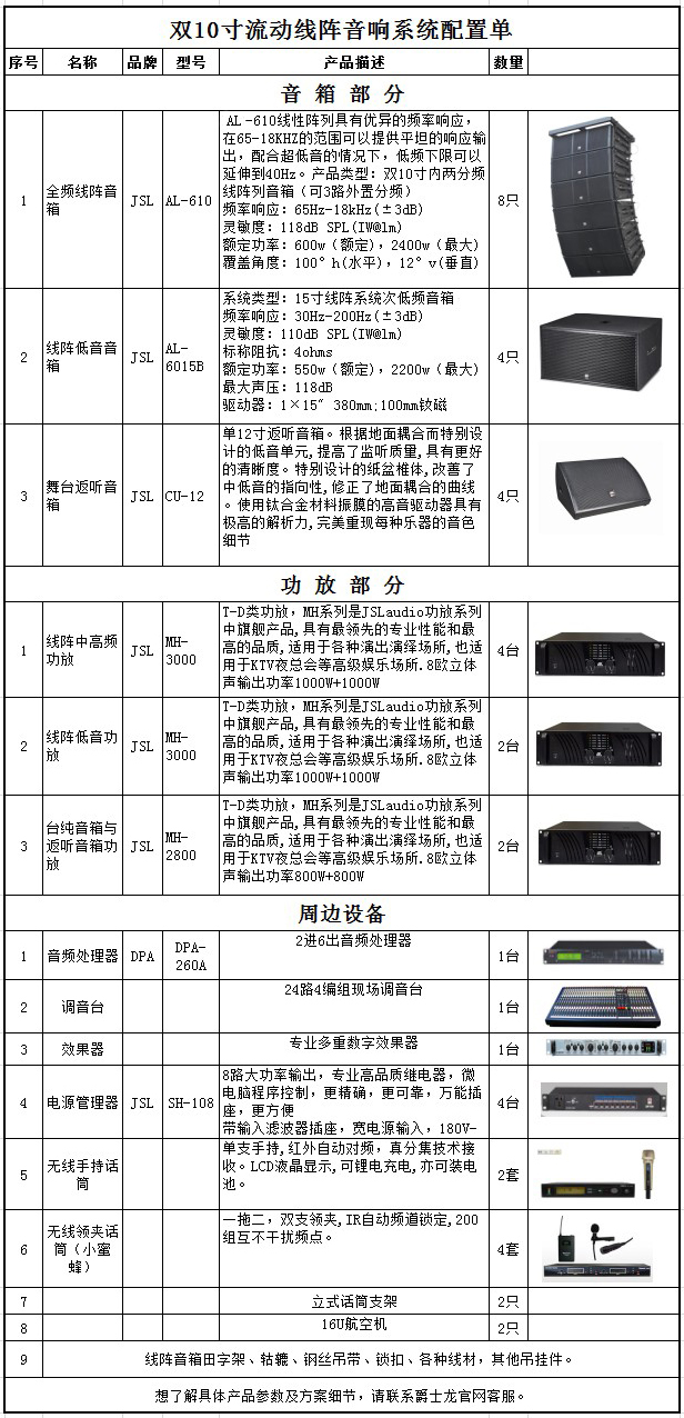 爵士龍雙10寸流動線陣音響系統配置單